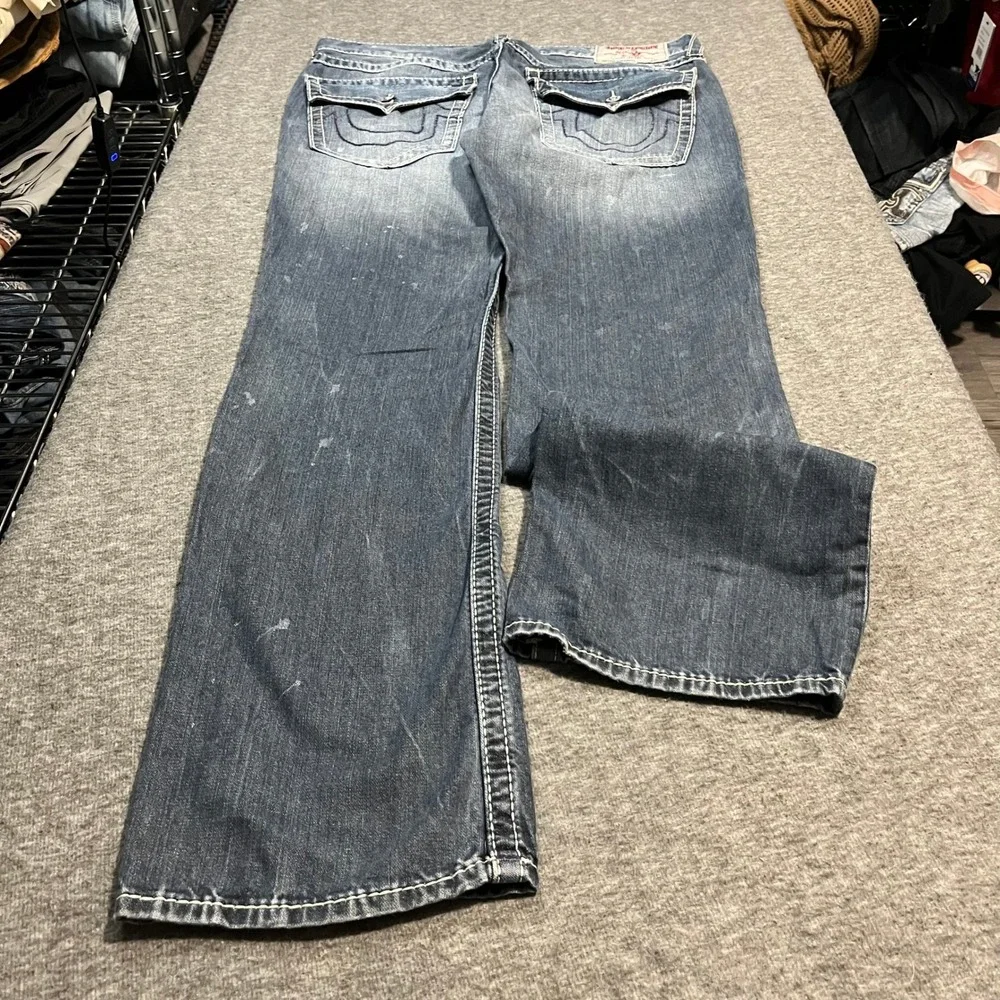 True Religion Section Straight Jeans 36x33 Blue Distressed Paint Splatter Men